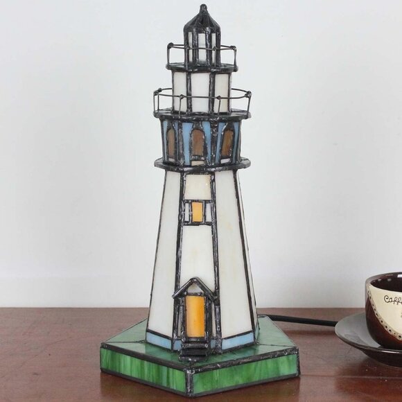 Lighthouse 10 inch Tiffany Style Handcrafted Stained Glass Accent Table Lamp - Picture 2 of 5